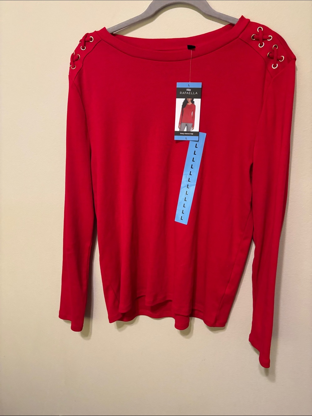 ❤️NWT-women’s Rafaella Bright Red Shoulder Lace-Up Long Sleeve Tee size large ❤️